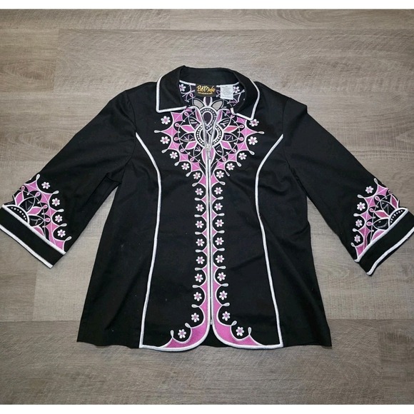 Bob Mackie Wearable Art Jacket Medium Black Pink Embroidery Flower ZipUp QVC 90s - Picture 1 of 8